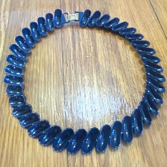 Vintage Napier Navy Blue Spiral Bead Choker Necklace, 80s Statement Jewelry - Picture 7 of 13